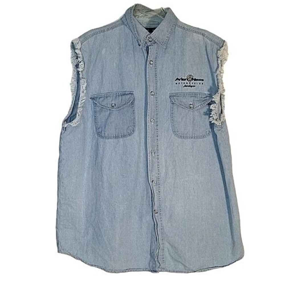 TWIN V Motorcycle Apparel Biker Vintage Large Denim cut off Sleeves Shirt XL‎